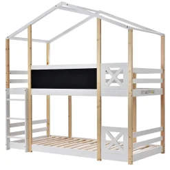 Enfant Redom Lit superposé 90x200 cm avec sommier inclus et échelle intégrée, toit ludique et tableau, pin massif/MDF blanc