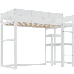 Redom Lit superposé 90x200 cm avec étagère intégrée et garde-corps, structure en pin massif blanc, solution gain de place Online