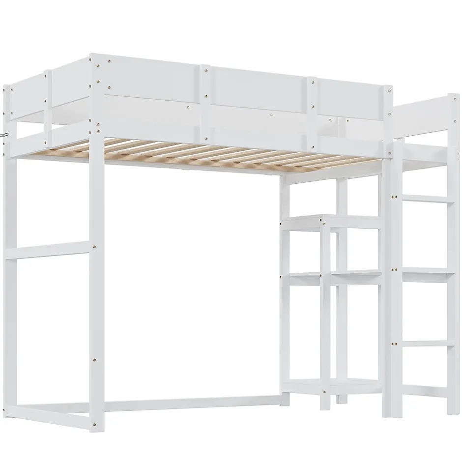 Redom Lit superposé 90x200 cm avec étagère intégrée et garde-corps, structure en pin massif blanc, solution gain de place Online