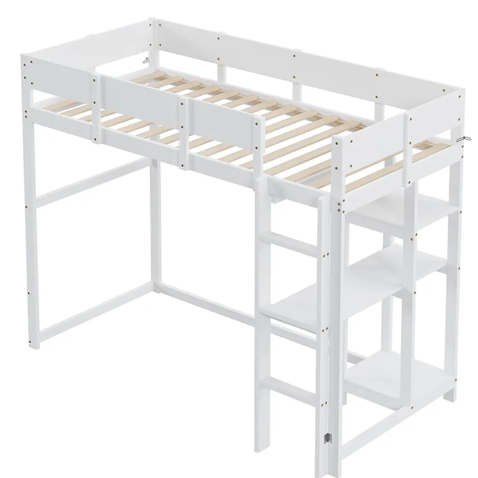 Redom Lit superposé 90x200 cm avec étagère intégrée et garde-corps, structure en pin massif blanc, solution gain de place Online