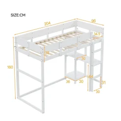 Redom Lit superposé 90x200 cm avec étagère intégrée et garde-corps, structure en pin massif blanc, solution gain de place Online