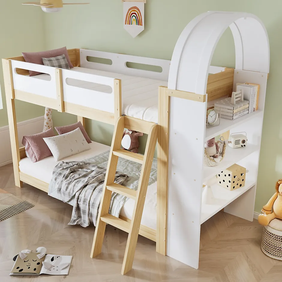 Enfant Redom Lit superposé 90x200 cm avec étagère 3 niveaux et échelle 3 marches en pin massif/MDF