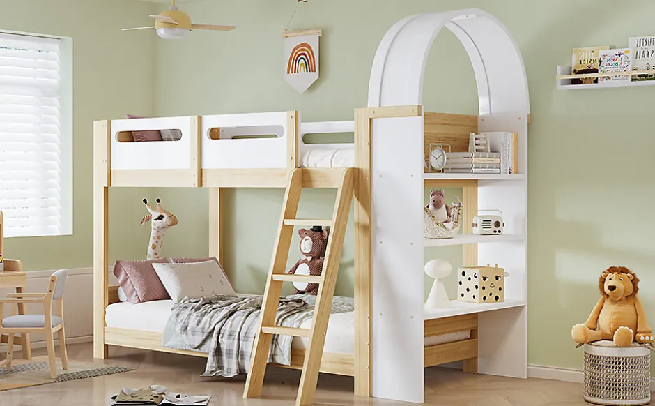 Enfant Redom Lit superposé 90x200 cm avec étagère 3 niveaux et échelle 3 marches en pin massif/MDF