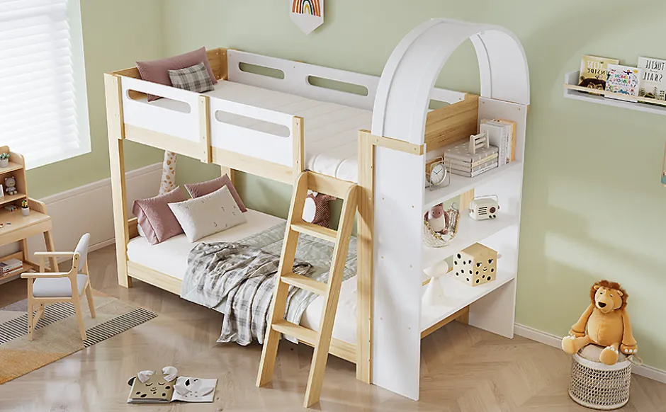 Enfant Redom Lit superposé 90x200 cm avec étagère 3 niveaux et échelle 3 marches en pin massif/MDF
