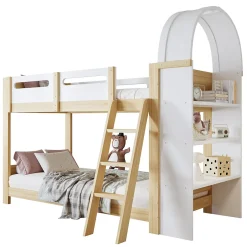 Enfant Redom Lit superposé 90x200 cm avec étagère 3 niveaux et échelle 3 marches en pin massif/MDF