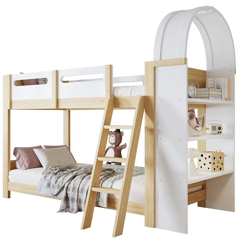Enfant Redom Lit superposé 90x200 cm avec étagère 3 niveaux et échelle 3 marches en pin massif/MDF