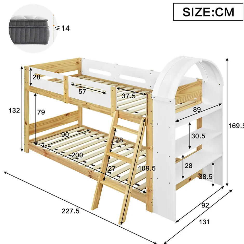 Enfant Redom Lit superposé 90x200 cm avec étagère 3 niveaux et échelle 3 marches en pin massif/MDF