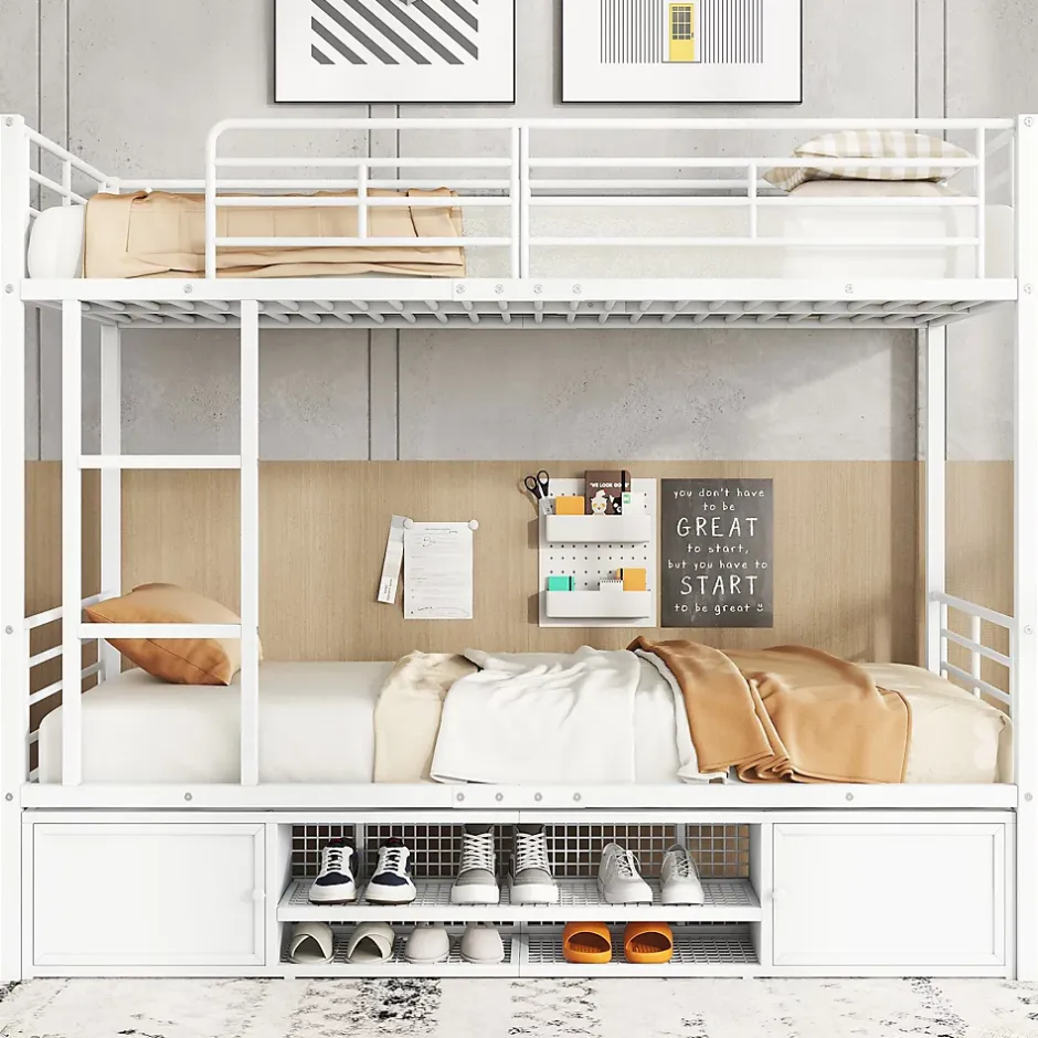 Redom Lit superposé 90x200 cm avec étagère à chaussures intégrée et échelle 3 marches, métal blanc Online