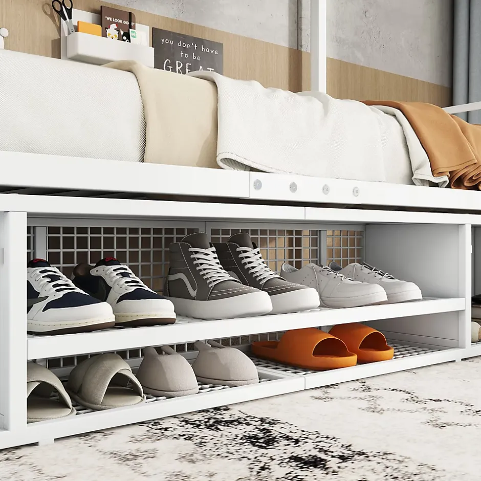 Redom Lit superposé 90x200 cm avec étagère à chaussures intégrée et échelle 3 marches, métal blanc Online