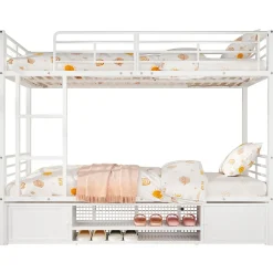Redom Lit superposé 90x200 cm avec étagère à chaussures intégrée et échelle 3 marches, métal blanc Online