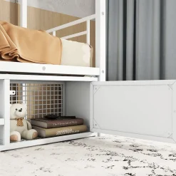 Redom Lit superposé 90x200 cm avec étagère à chaussures intégrée et échelle 3 marches, métal blanc Online