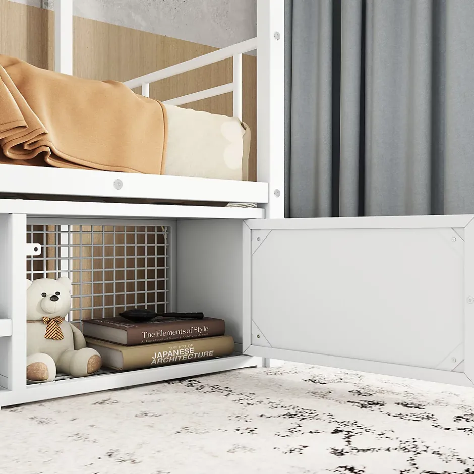 Redom Lit superposé 90x200 cm avec étagère à chaussures intégrée et échelle 3 marches, métal blanc Online