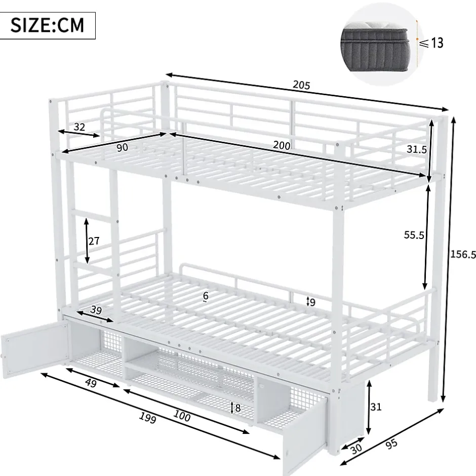 Redom Lit superposé 90x200 cm avec étagère à chaussures intégrée et échelle 3 marches, métal blanc Online