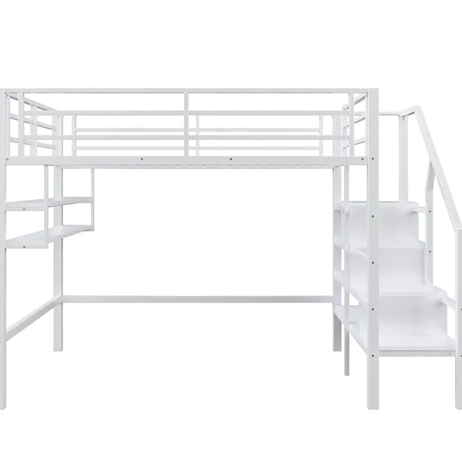 Redom Lit superposé 140x200 cm avec étagères intégrées et échelle de rangement, structure métal blanche Best