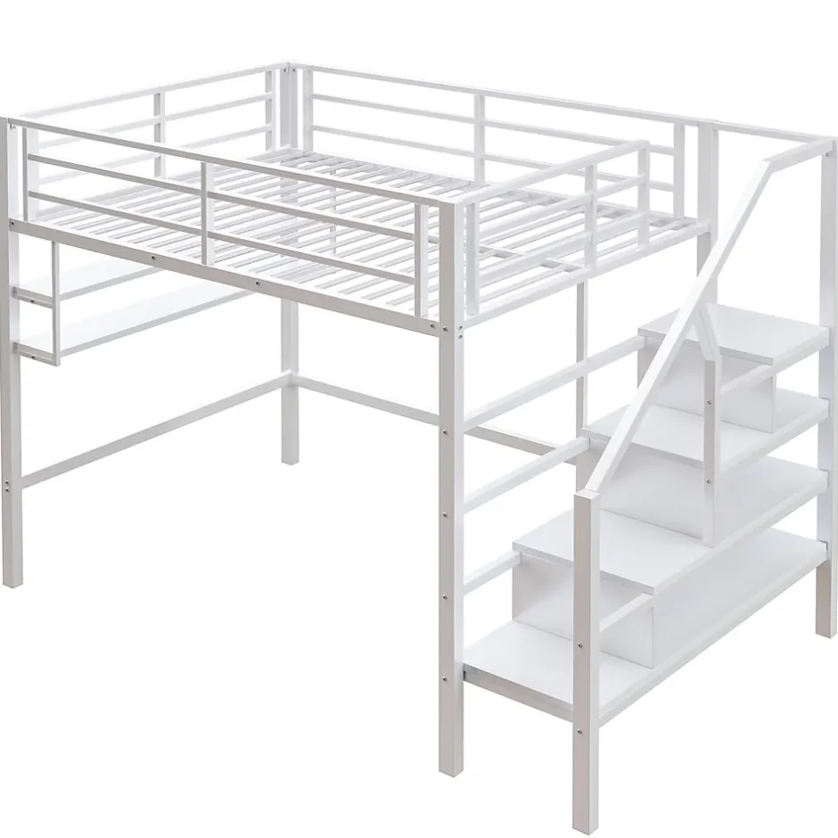 Redom Lit superposé 140x200 cm avec étagères intégrées et échelle de rangement, structure métal blanche Best