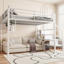Redom Lit superposé 140x200 cm avec étagères intégrées et échelle de rangement, structure métal blanche Best