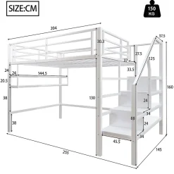 Redom Lit superposé 140x200 cm avec étagères intégrées et échelle de rangement, structure métal blanche Best