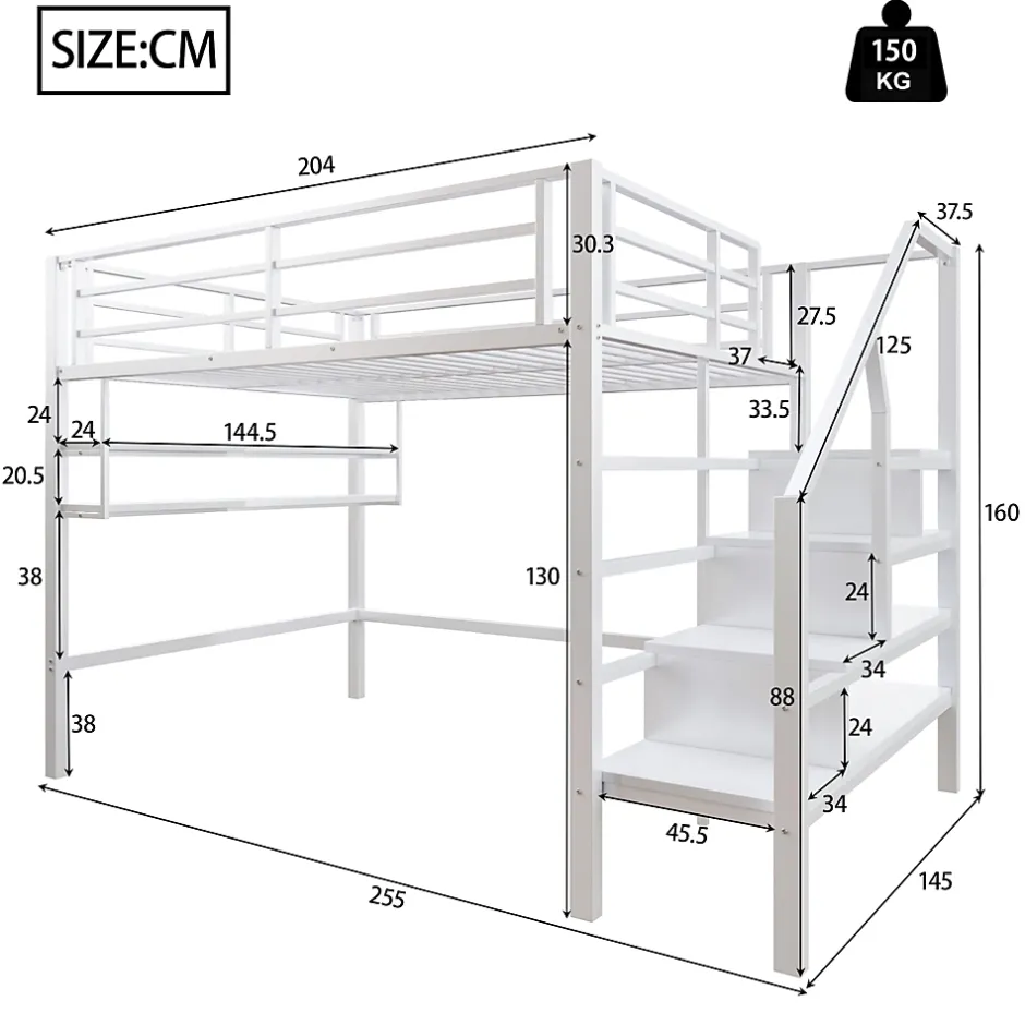 Redom Lit superposé 140x200 cm avec étagères intégrées et échelle de rangement, structure métal blanche Best