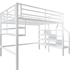 Redom Lit superposé 140x200 cm avec étagères intégrées et échelle de rangement, structure métal blanche Best