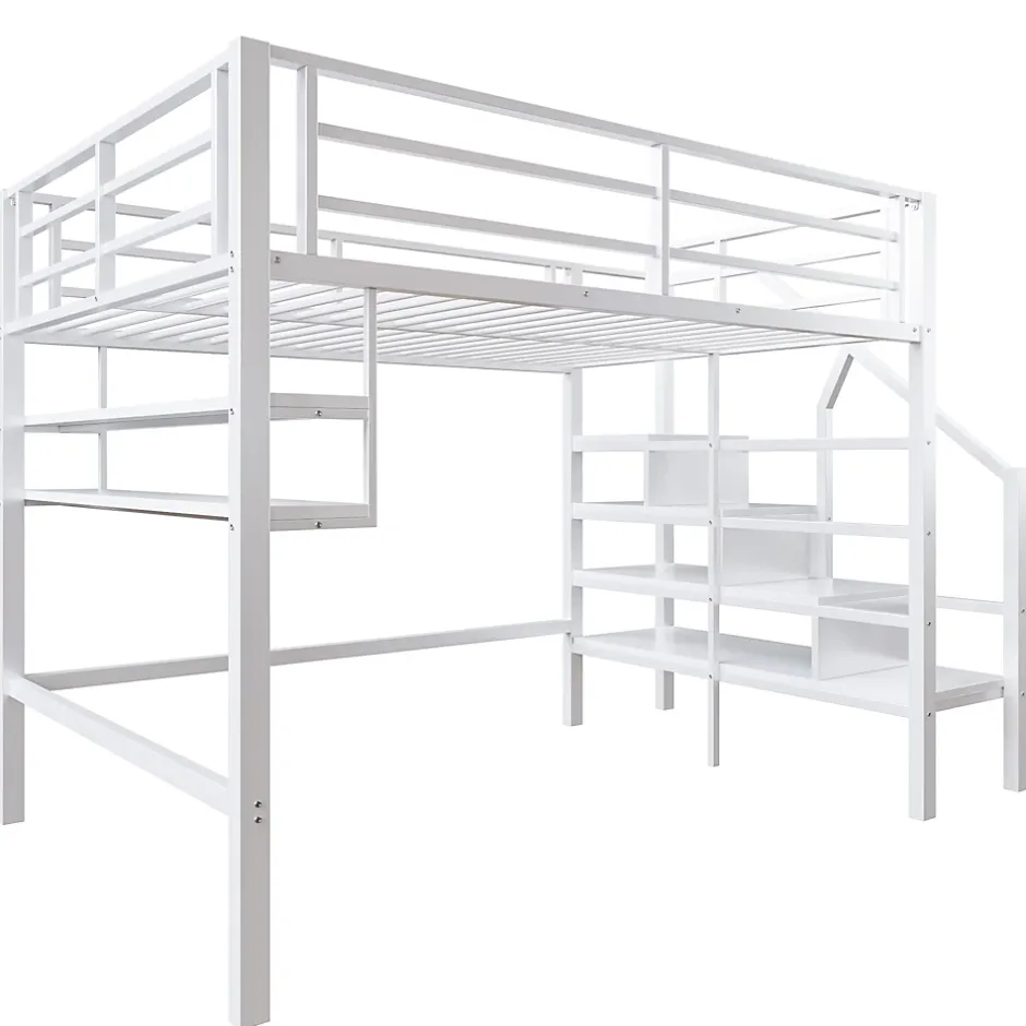 Redom Lit superposé 140x200 cm avec étagères intégrées et échelle de rangement, structure métal blanche Best