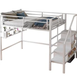 Redom Lit superposé 140x200 cm avec étagères intégrées et échelle de rangement, structure métal blanche Best