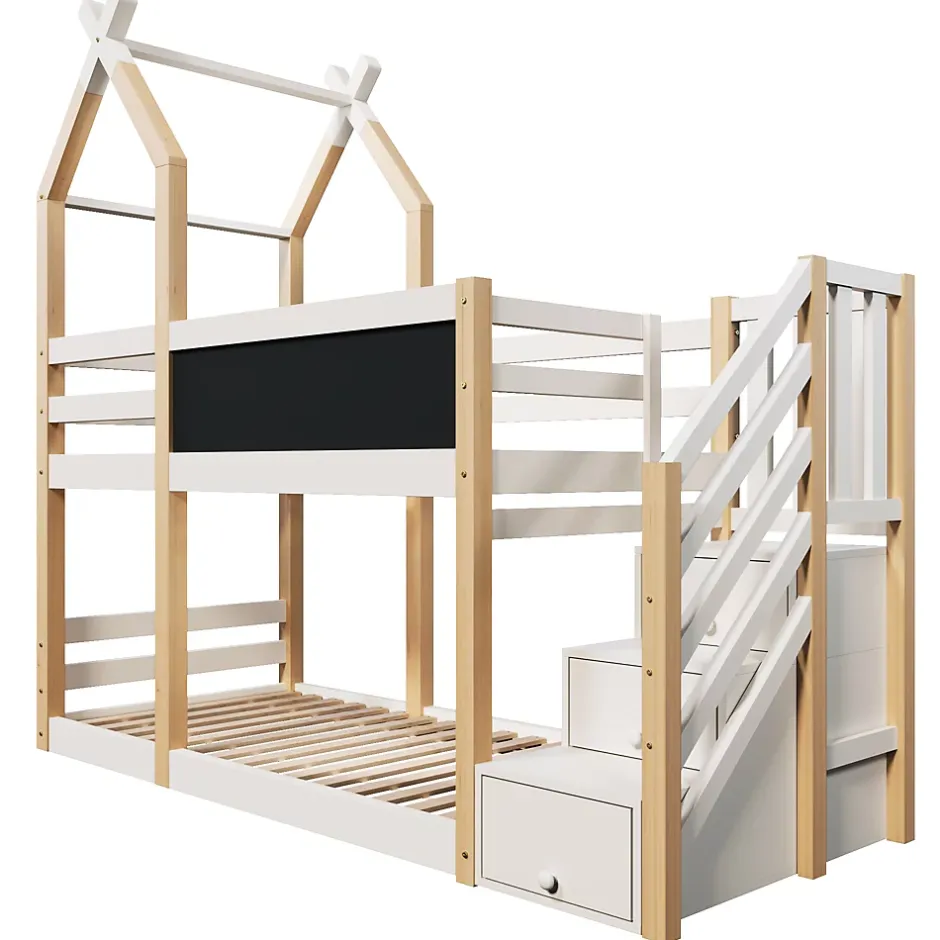 Okwish Lit superposé 90x200 cm avec tableau noir intégré - Lit enfant pratique avec sommiers inclus - Sans matelas - Blanc Best