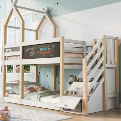 Okwish Lit superposé 90x200 cm avec tableau noir intégré - Lit enfant pratique avec sommiers inclus - Sans matelas - Blanc Best