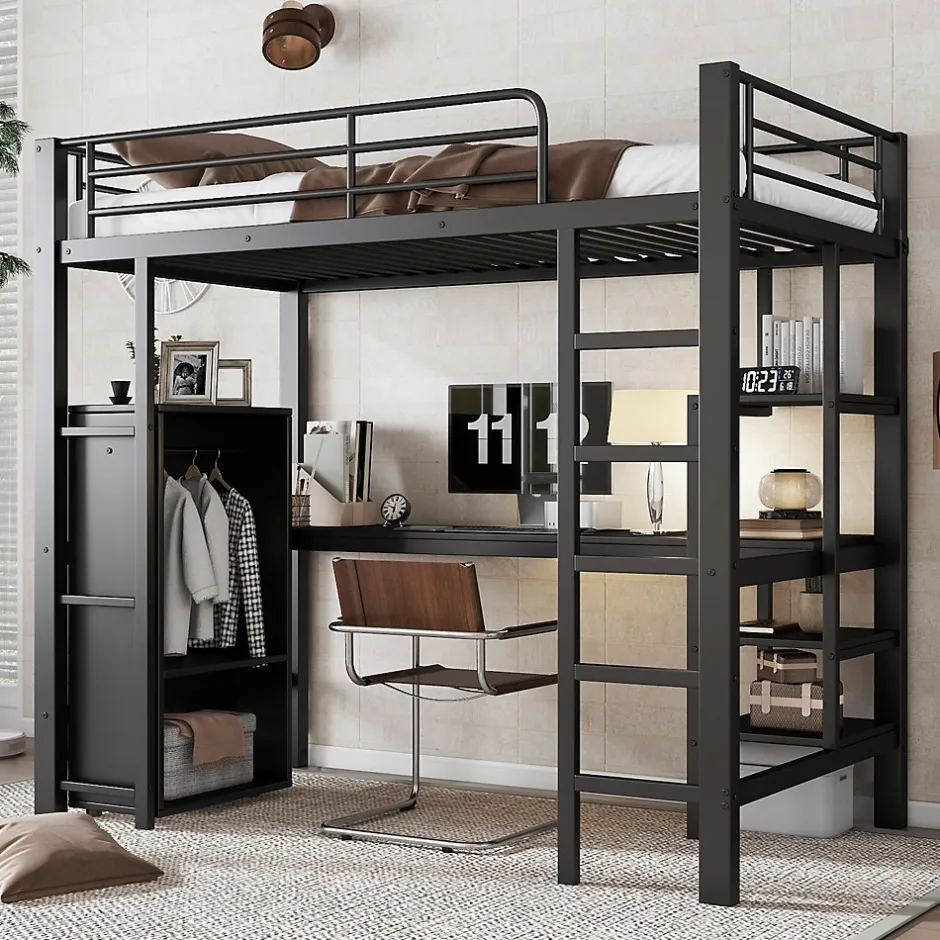 Enfant Fortuna lai Lit superposé 90x200 cm, avec table, armoire, échelle 5 marches, cadre métal, noir