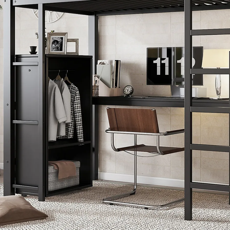 Enfant Fortuna lai Lit superposé 90x200 cm, avec table, armoire, échelle 5 marches, cadre métal, noir