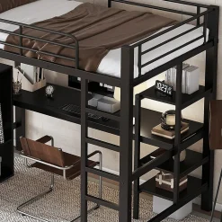 Enfant Fortuna lai Lit superposé 90x200 cm, avec table, armoire, échelle 5 marches, cadre métal, noir