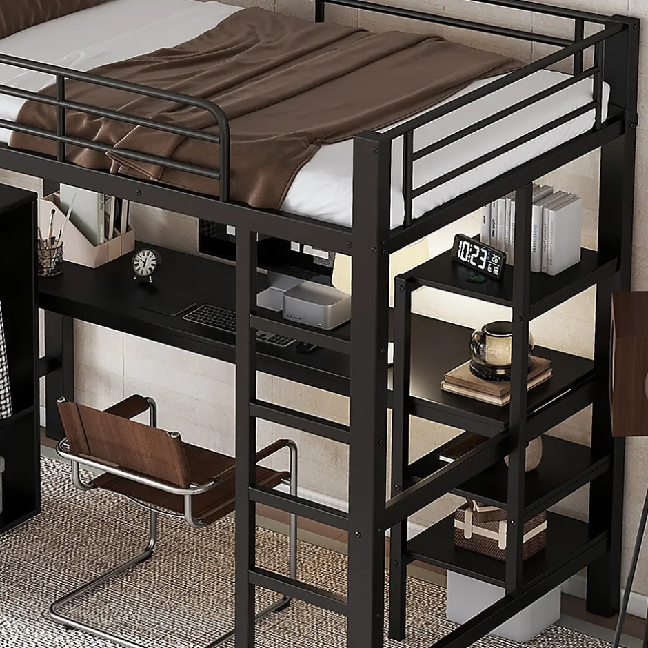 Enfant Fortuna lai Lit superposé 90x200 cm, avec table, armoire, échelle 5 marches, cadre métal, noir