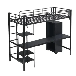 Enfant Fortuna lai Lit superposé 90x200 cm, avec table, armoire, échelle 5 marches, cadre métal, noir
