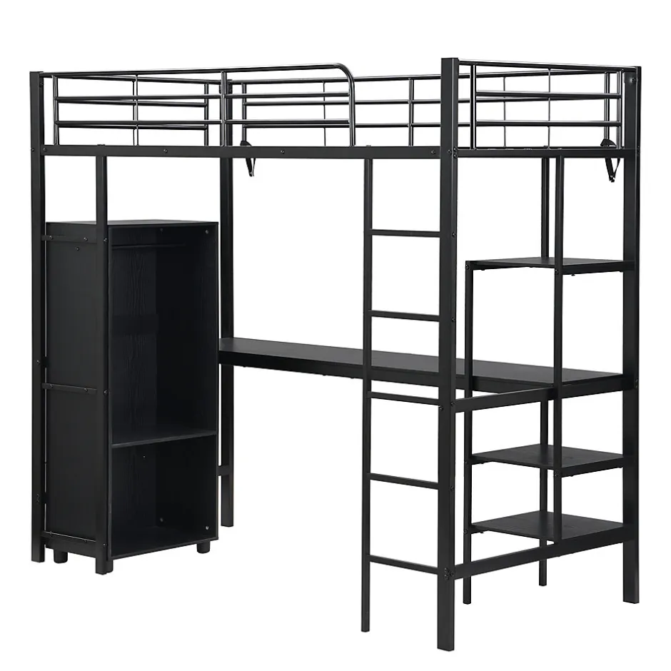 Enfant Fortuna lai Lit superposé 90x200 cm, avec table, armoire, échelle 5 marches, cadre métal, noir