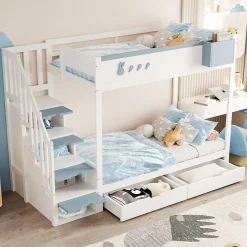 Enfant Redom Lit superposé 90x200 cm avec tiroirs et étagère amovible, structure bois blanc/bleu, échelle sécurisée