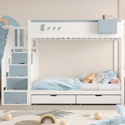 Enfant Redom Lit superposé 90x200 cm avec tiroirs et étagère amovible, structure bois blanc/bleu, échelle sécurisée