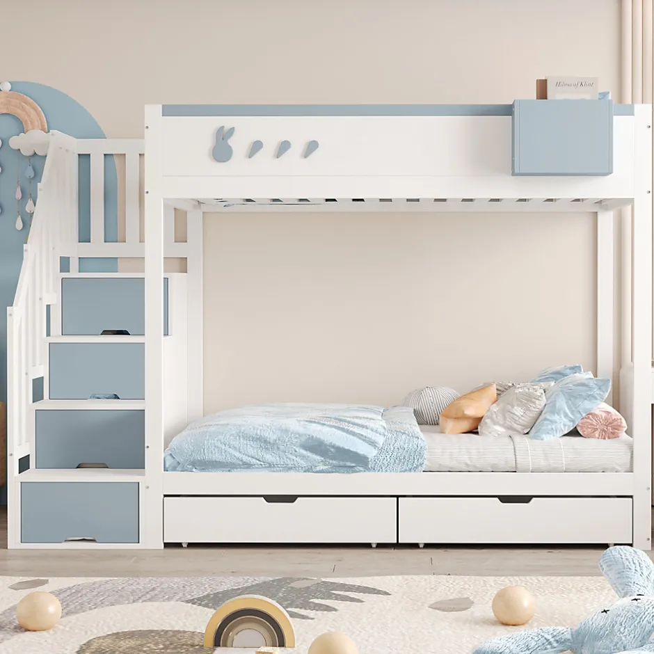 Enfant Redom Lit superposé 90x200 cm avec tiroirs et étagère amovible, structure bois blanc/bleu, échelle sécurisée
