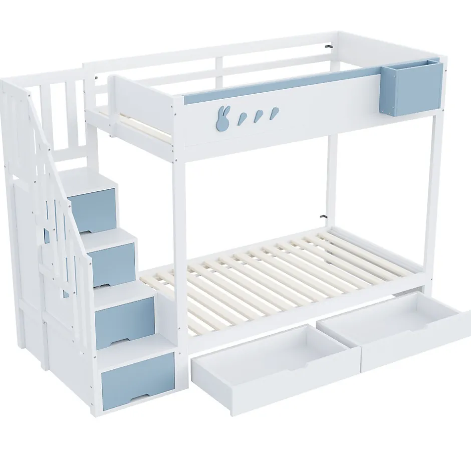 Enfant Redom Lit superposé 90x200 cm avec tiroirs et étagère amovible, structure bois blanc/bleu, échelle sécurisée