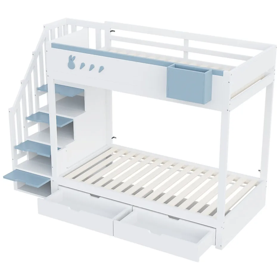 Enfant Redom Lit superposé 90x200 cm avec tiroirs et étagère amovible, structure bois blanc/bleu, échelle sécurisée