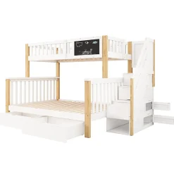 Redom Lit superposé 90x200 cm avec tiroirs et échelle intégrée, structure en pin massif blanc et chêne clair Best