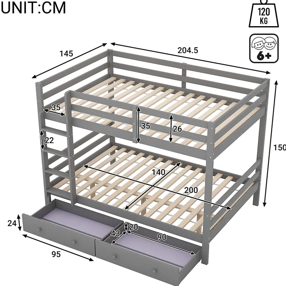 Redom Lit superposé 140x200 cm avec tiroirs de rangement et échelle intégrée, structure pin/MDF gris Hot