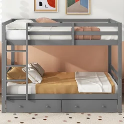 Redom Lit superposé 140x200 cm avec tiroirs de rangement et échelle intégrée, structure pin/MDF gris Hot