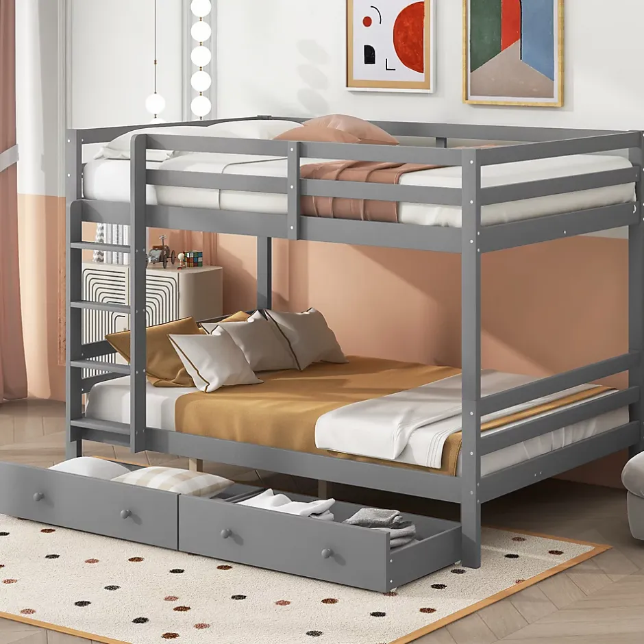 Redom Lit superposé 140x200 cm avec tiroirs de rangement et échelle intégrée, structure pin/MDF gris Hot