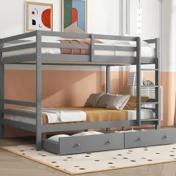 Redom Lit superposé 140x200 cm avec tiroirs de rangement et échelle intégrée, structure pin/MDF gris Hot