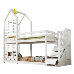 Redom Lit superposé 90x200 cm avec tiroirs et échelle intégrée, peinture blanche, pin massif, gain de place enfant Online