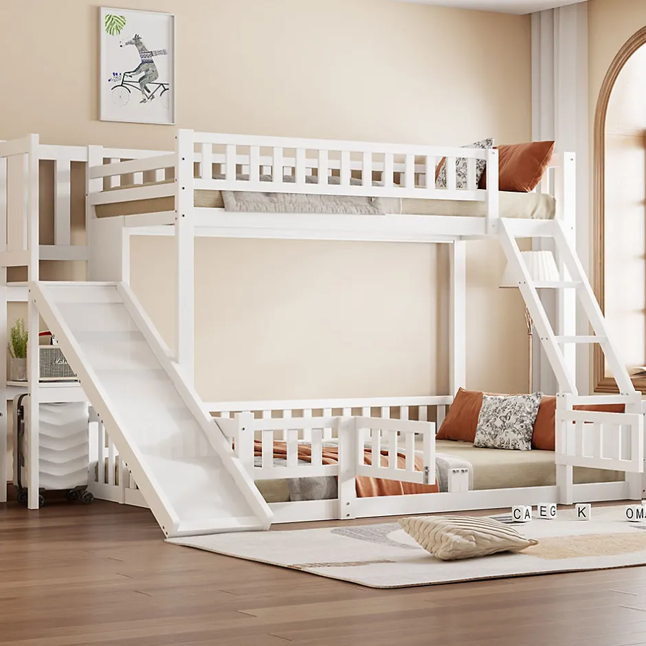 Enfant Redom Lit superposé 140x200 cm avec toboggan ludique et étagères intégrées, structure en pin et MDF blanc