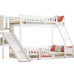 Enfant Redom Lit superposé 140x200 cm avec toboggan ludique et étagères intégrées, structure en pin et MDF blanc