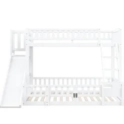 Enfant Redom Lit superposé 140x200 cm avec toboggan ludique et étagères intégrées, structure en pin et MDF blanc