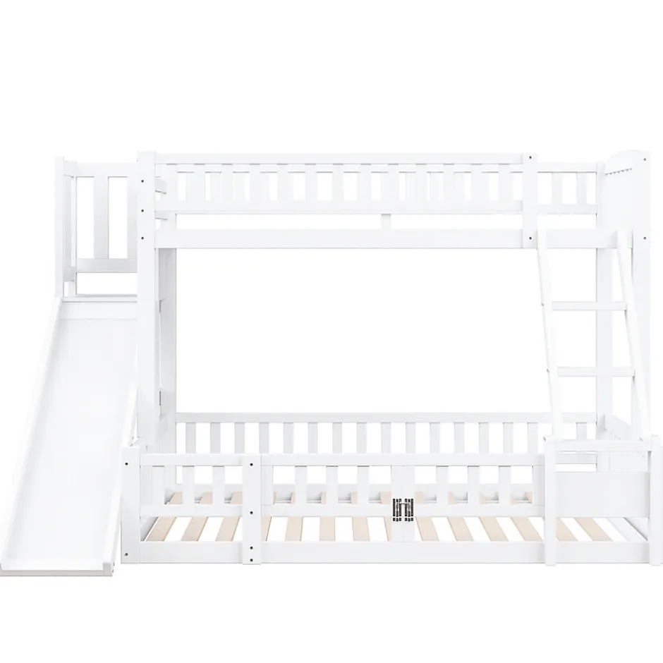 Enfant Redom Lit superposé 140x200 cm avec toboggan ludique et étagères intégrées, structure en pin et MDF blanc