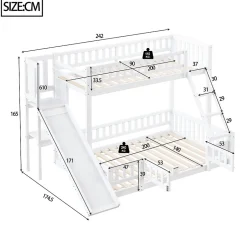 Enfant Redom Lit superposé 140x200 cm avec toboggan ludique et étagères intégrées, structure en pin et MDF blanc