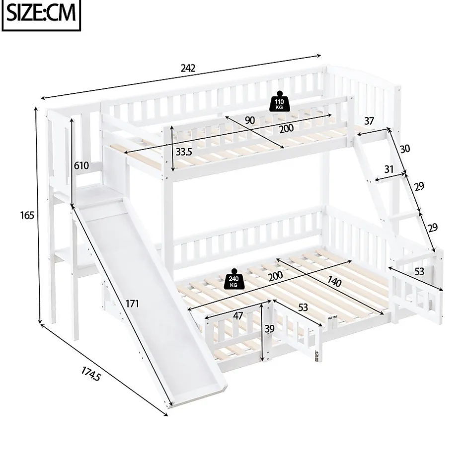 Enfant Redom Lit superposé 140x200 cm avec toboggan ludique et étagères intégrées, structure en pin et MDF blanc